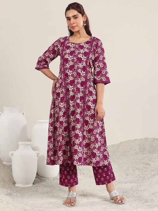 Maroon Printed Cotton A-Line Kurta Set