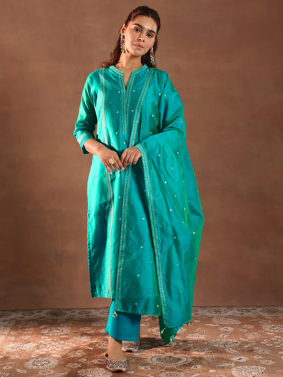 Turquoise Blue Woven Design Chanderi Silk Straight Suit With Dupatta
