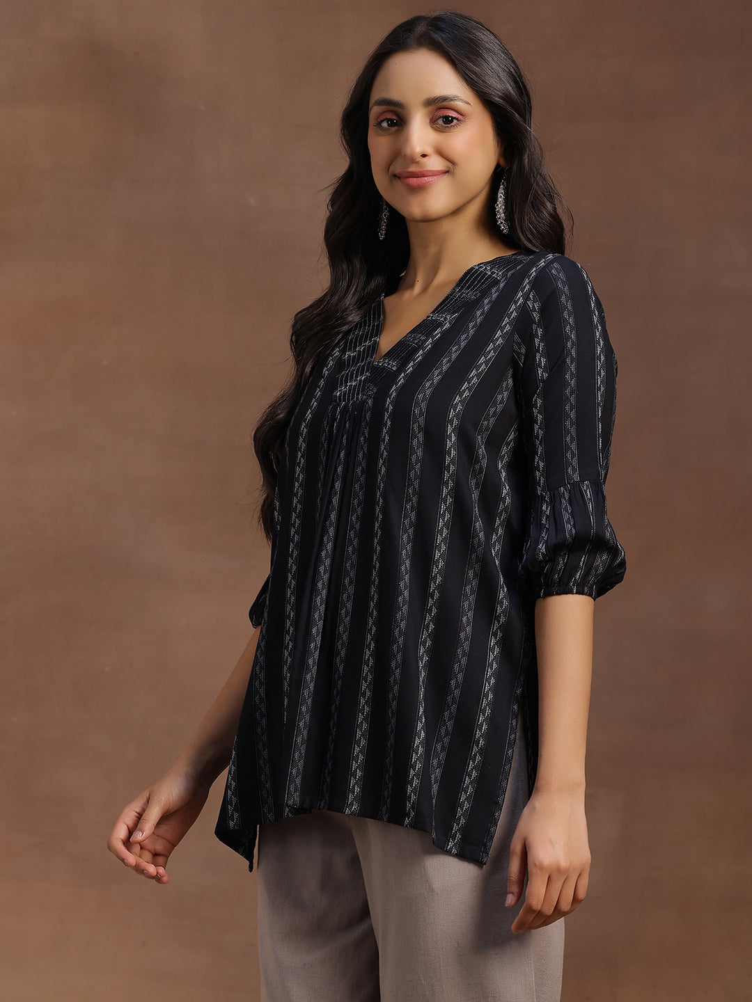Black Woven Design Silk Blend Straight Kurti