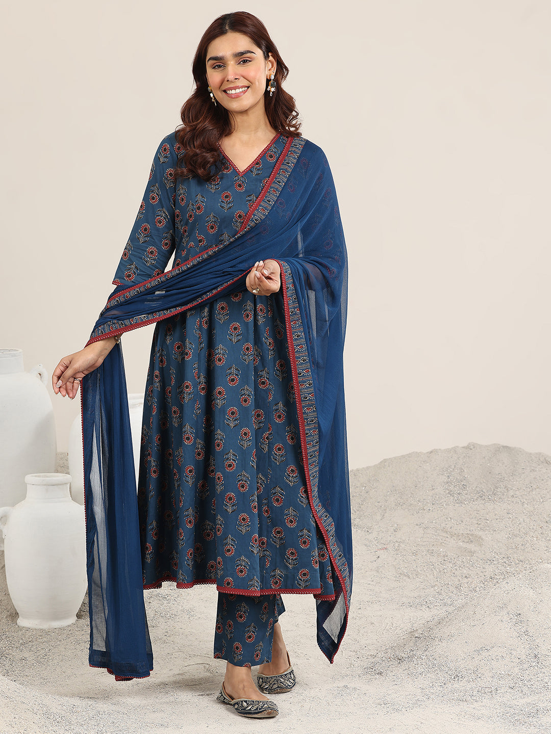 Navy Blue Printed Cotton A-Line Suit With Dupatta