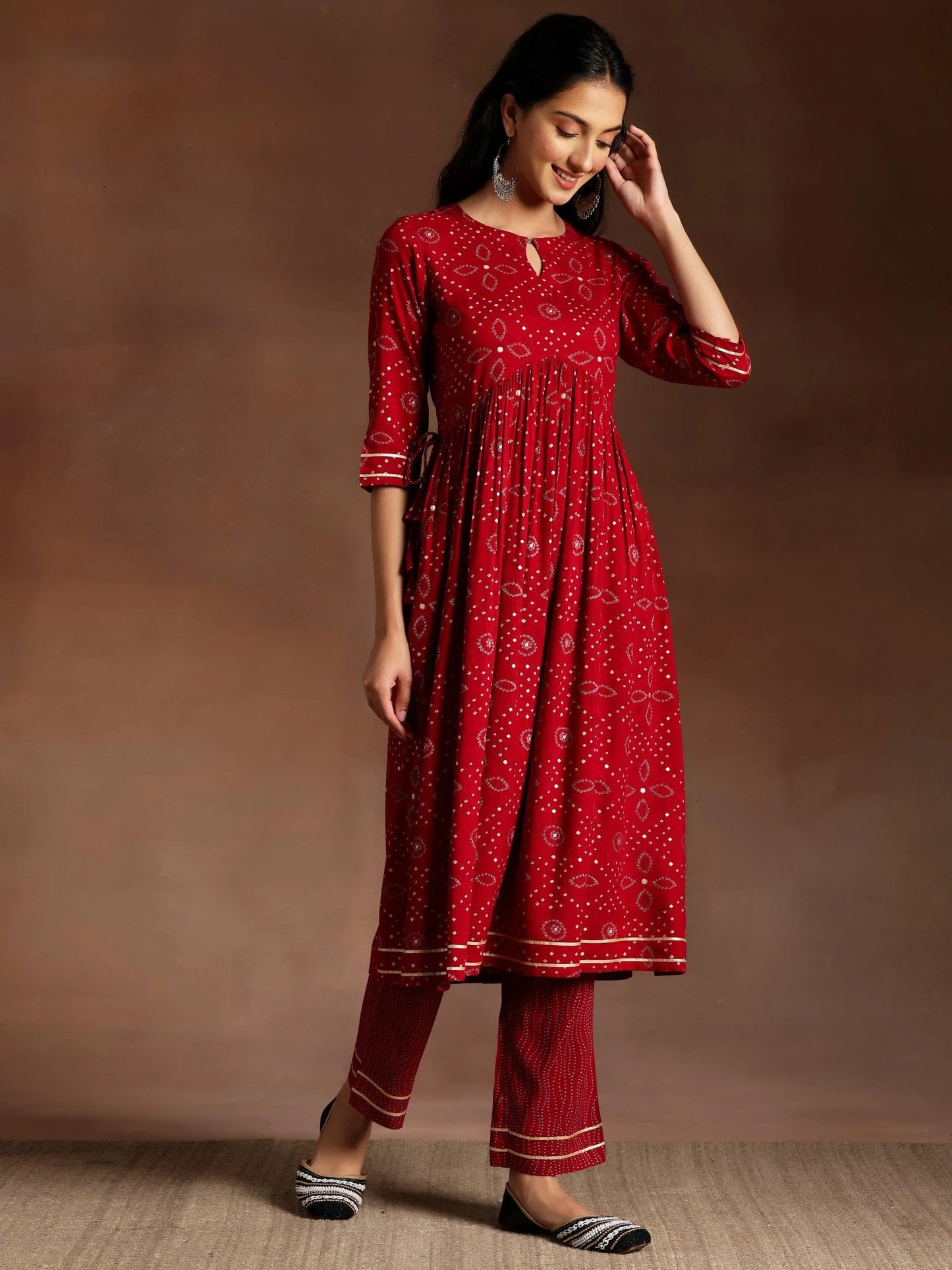 Zainab Red Printed Rayon A-Line Kurta With Palazzos & Dupatta