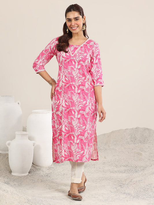 Pink Printed Rayon Straight Kurta