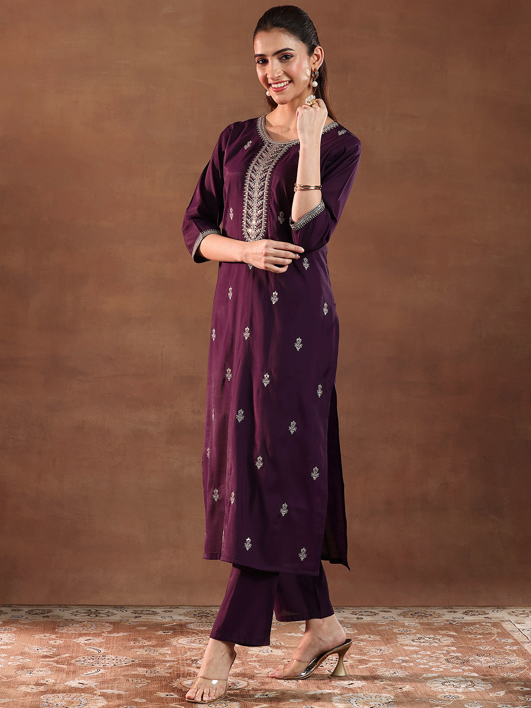 Wine Embroidered Silk Blend Straight Suit With Dupatta