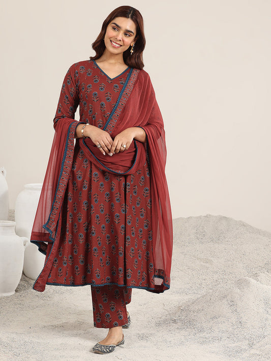 Maroon Printed Cotton A-Line Suit With Dupatta