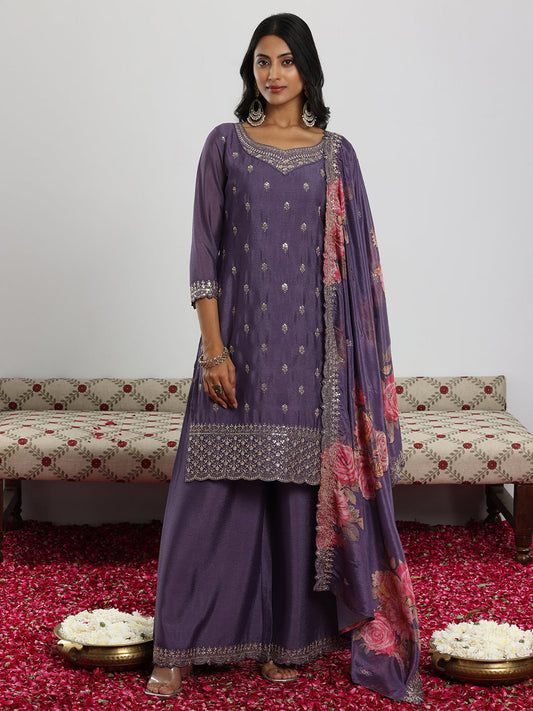 Purple Embroidered Silk Blend Straight Suit With Dupatta