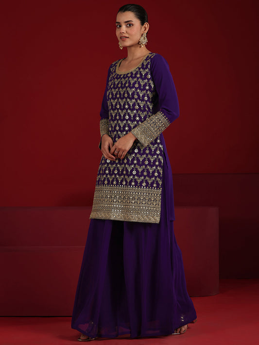 Libas Art Purple Embroidered Georgette Straight Suit Set With Dupatta