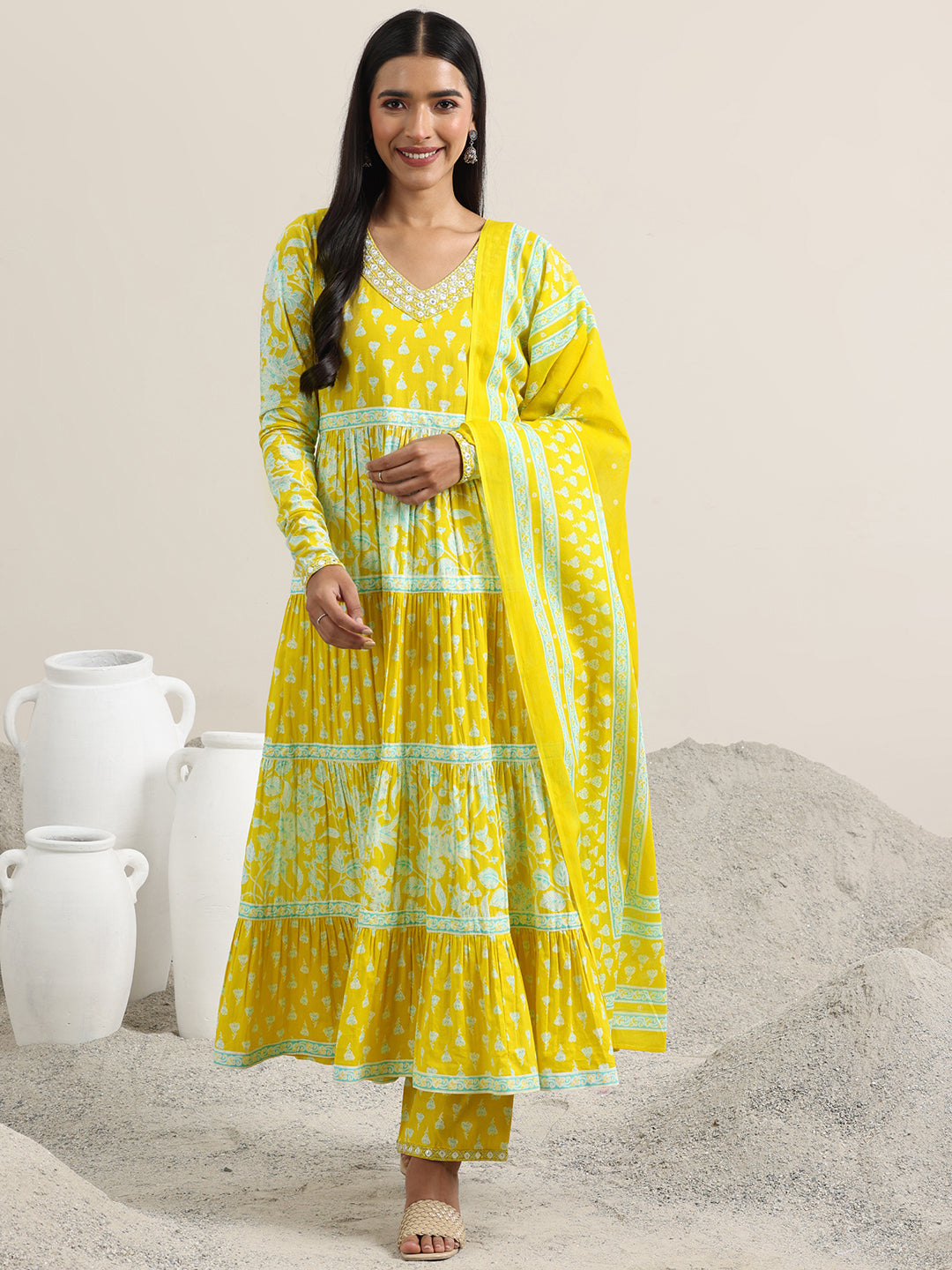 Yellow Printed Cotton Anarkali Suit With Dupatta
