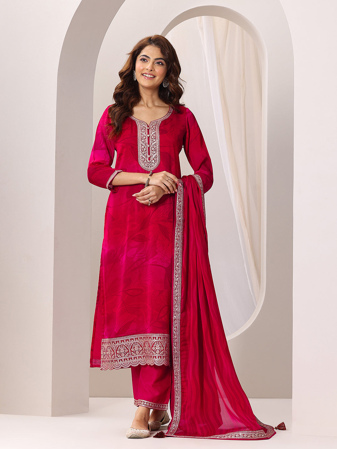 Red Printed Silk Chiffon Straight Suit Set With Dupatta
