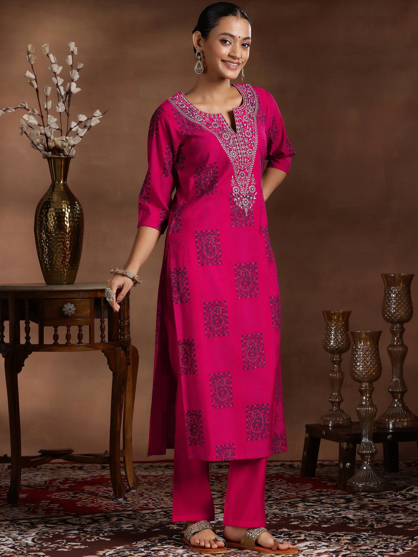 Pink Printed Silk Blend Straight Suit With Dupatta