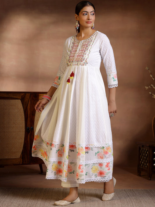 White Self Design Cotton Anarkali Suit With Dupatta
