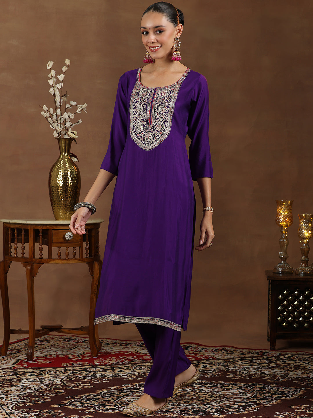 Purple Yoke Design Silk Blend Straight Suit With Dupatta