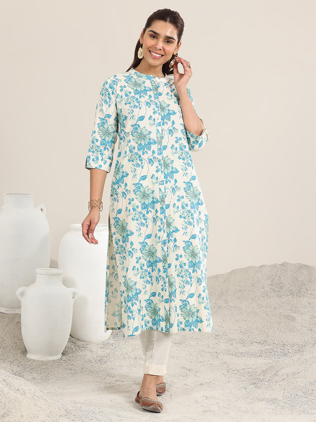 Off White Printed Cotton Straight Kurta