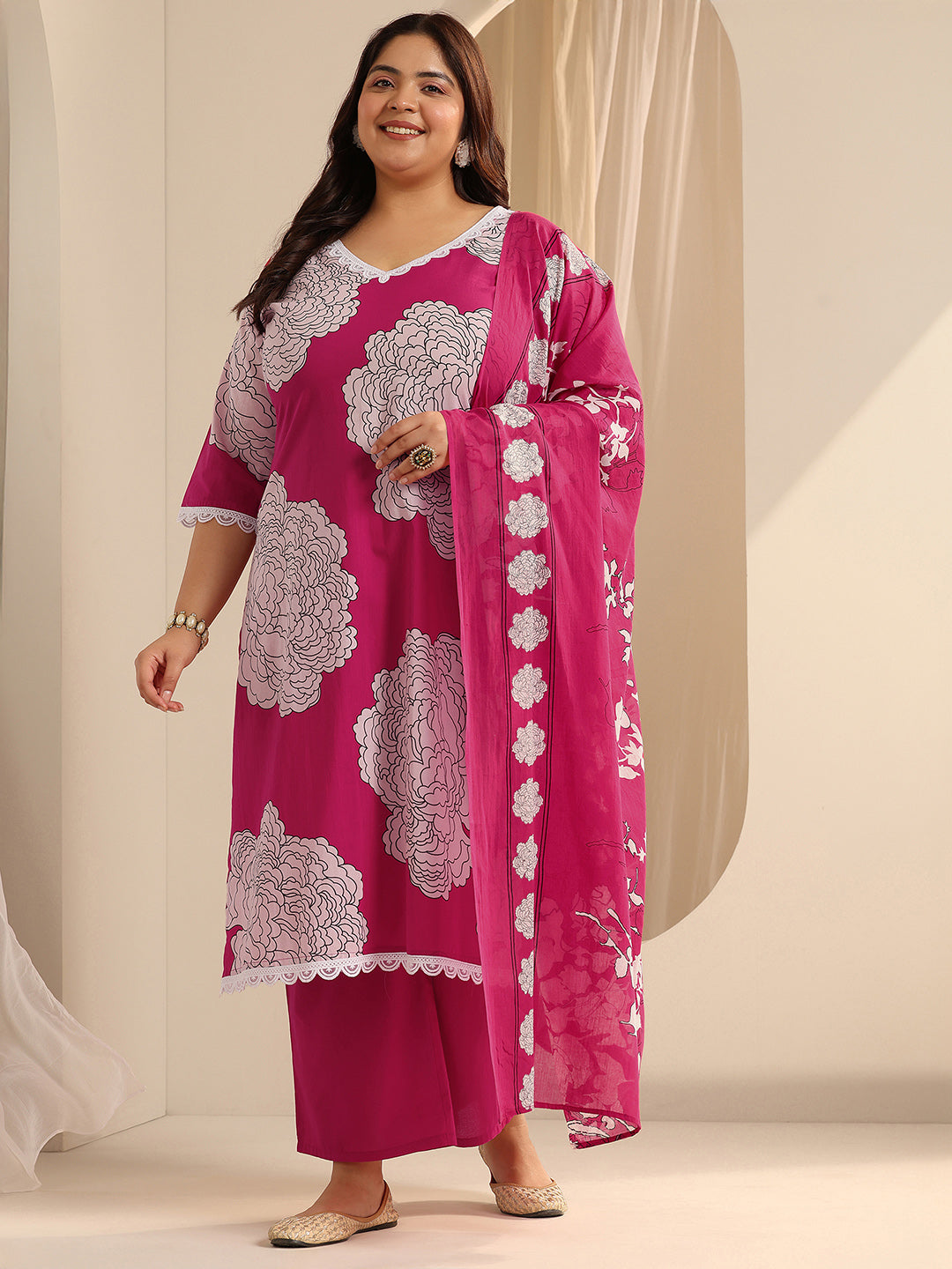 Plus Size Pink Printed Cotton Straight Suit Set With Dupatta