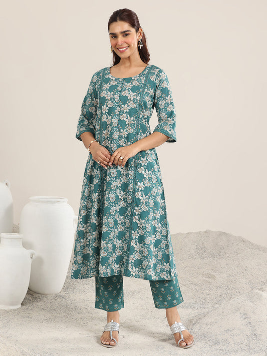 Teal Printed Cotton A-Line Kurta Set