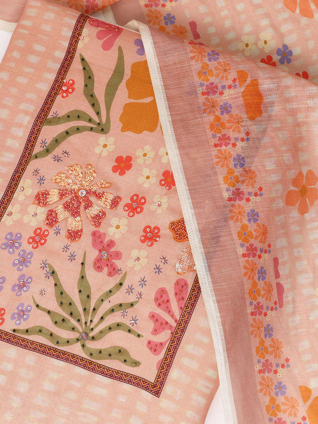 Peach Printed Cotton Blend Dress Material With Dupatta