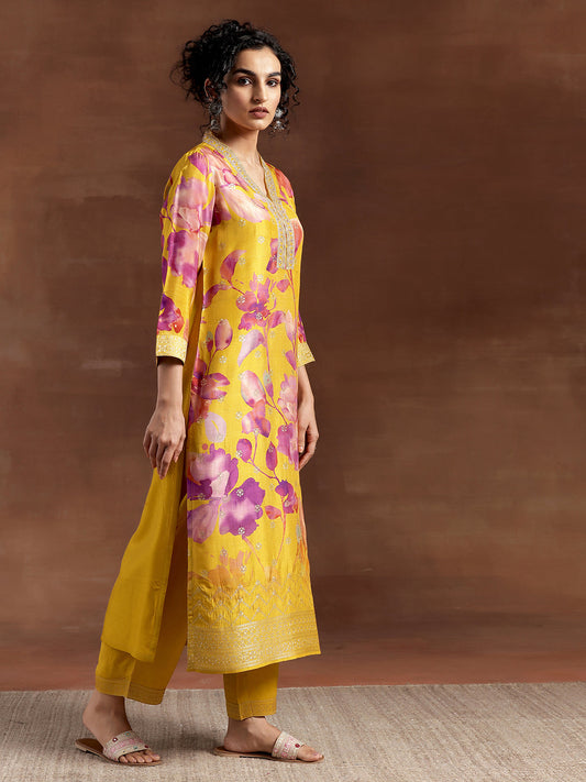 Mustard Printed Silk Blend Straight Suit With Dupatta