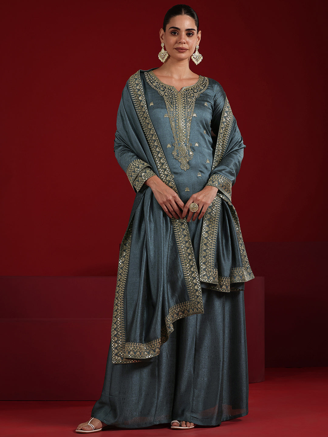 Libas Art Blue Embroidered Silk Blend Straight Suit Set With Dupatta