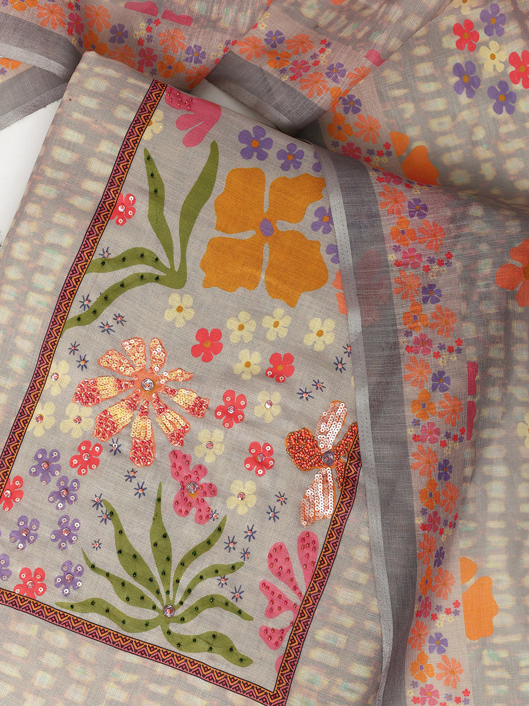 Grey Printed Cotton Blend Dress Material With Dupatta