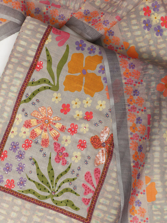 Grey Printed Cotton Blend Dress Material With Dupatta