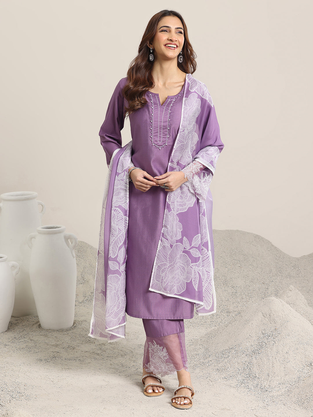Purple Yoke Design Silk Blend Straight Suit Set With Dupatta