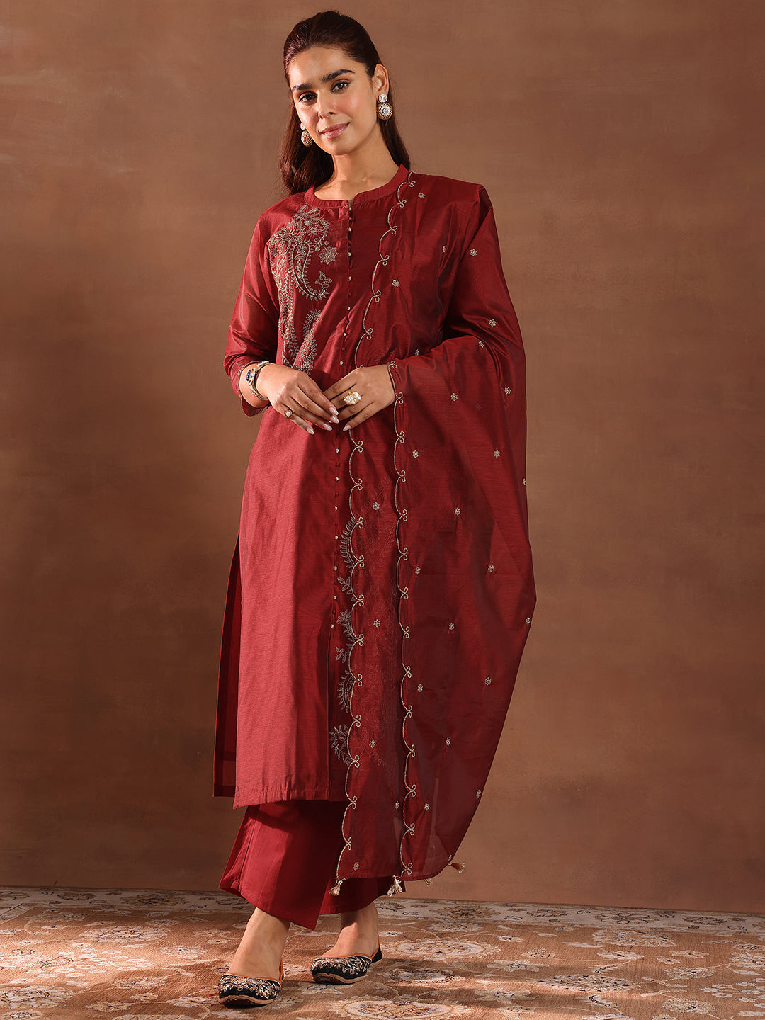 Maroon Embroidered Chanderi Silk Straight Suit With Dupatta