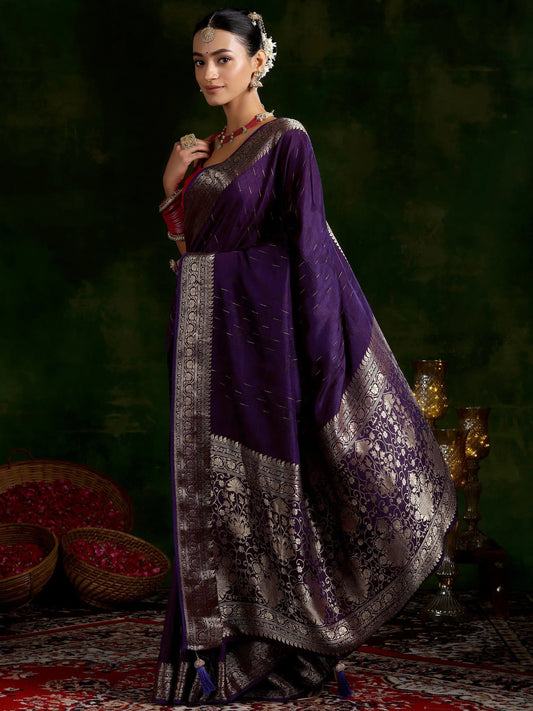 Purple Woven Design Silk Blend Saree With Unstitched Blouse Piece