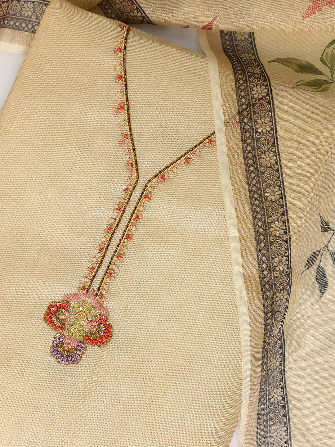 Beige Printed Cotton Blend Dress Material With Dupatta