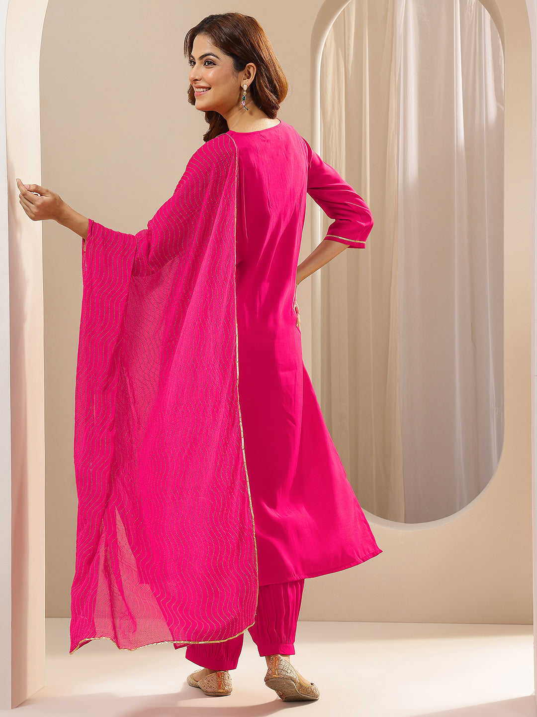Pink Solid Silk Blend Straight Suit Sets With Dupatta