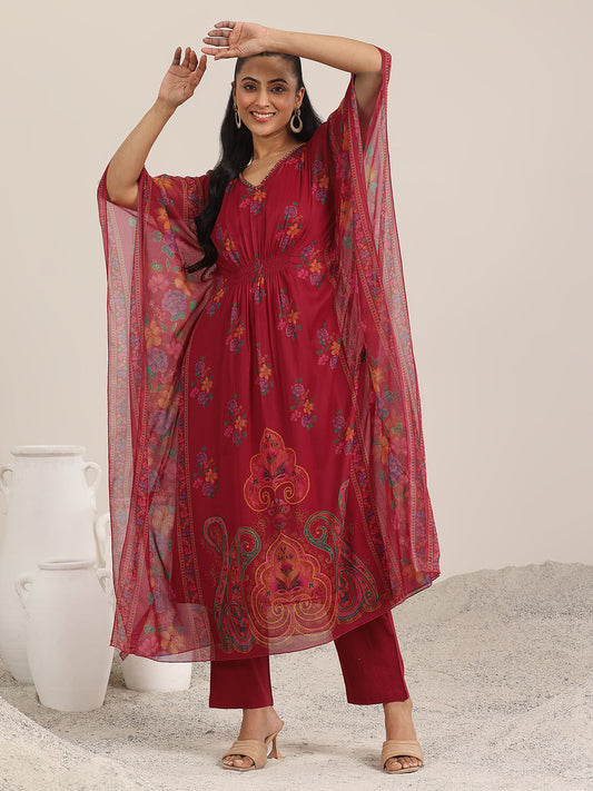 Maroon Printed Chiffon A-line Kurta Set