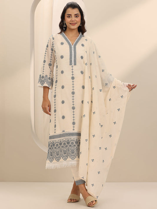 Off White Embroidered Cotton Straight Suit Set With Dupatta