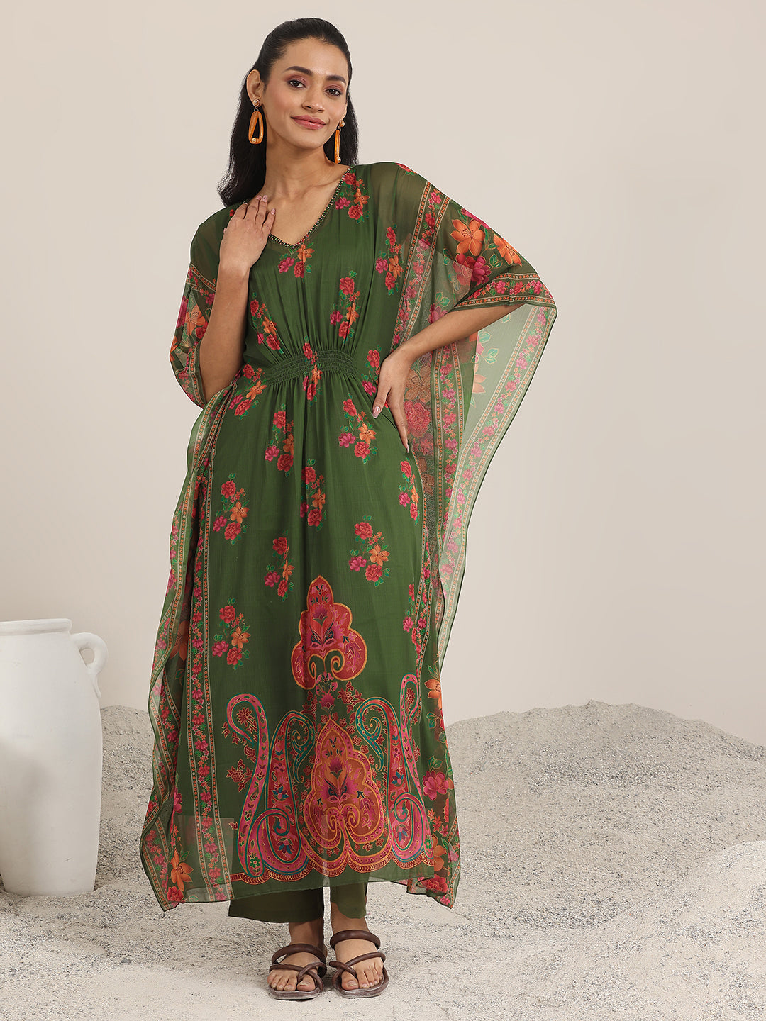 Green Printed Chiffon Kaftan Kurta Set