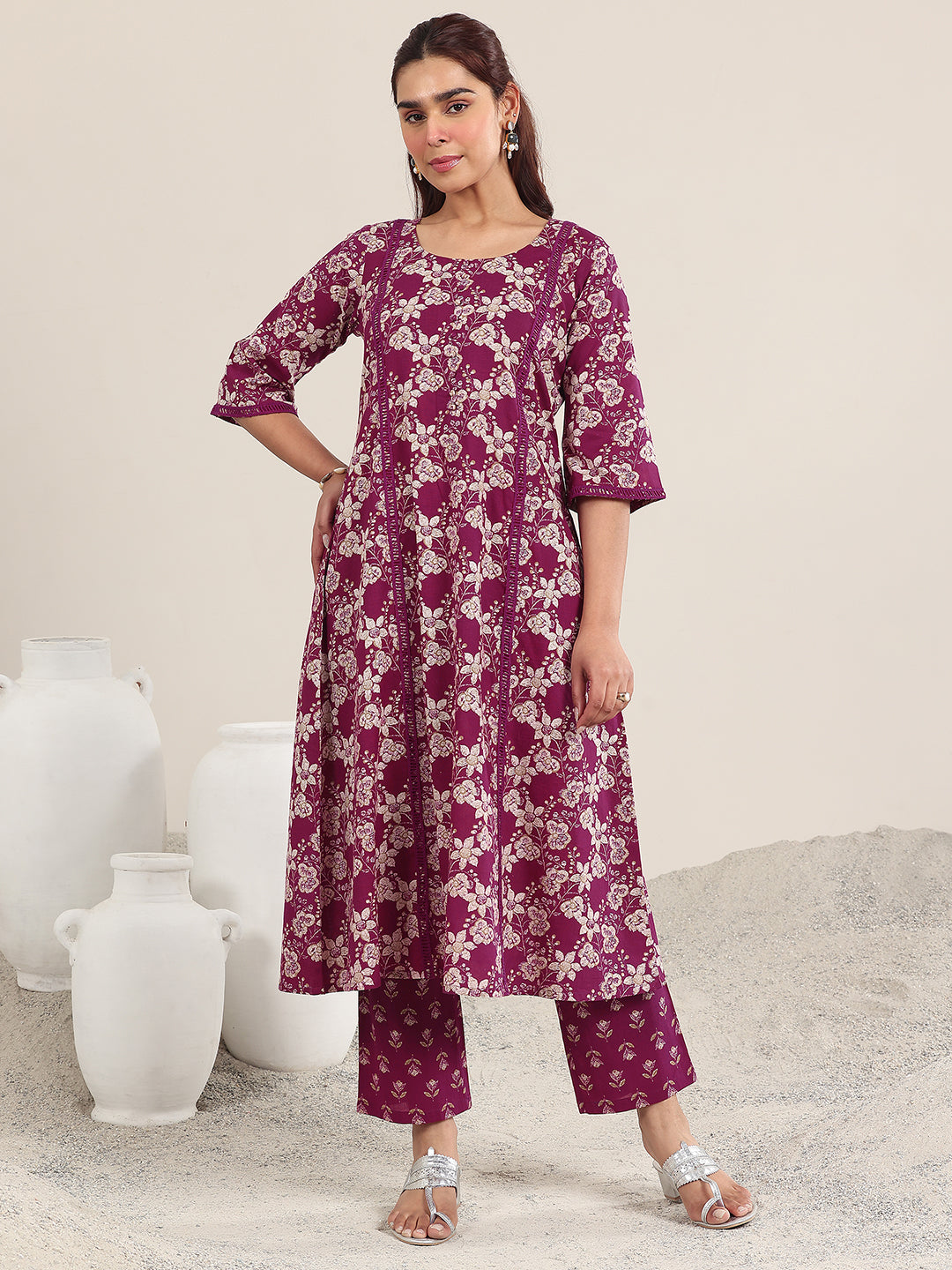 Maroon Printed Cotton A-Line Kurta Set