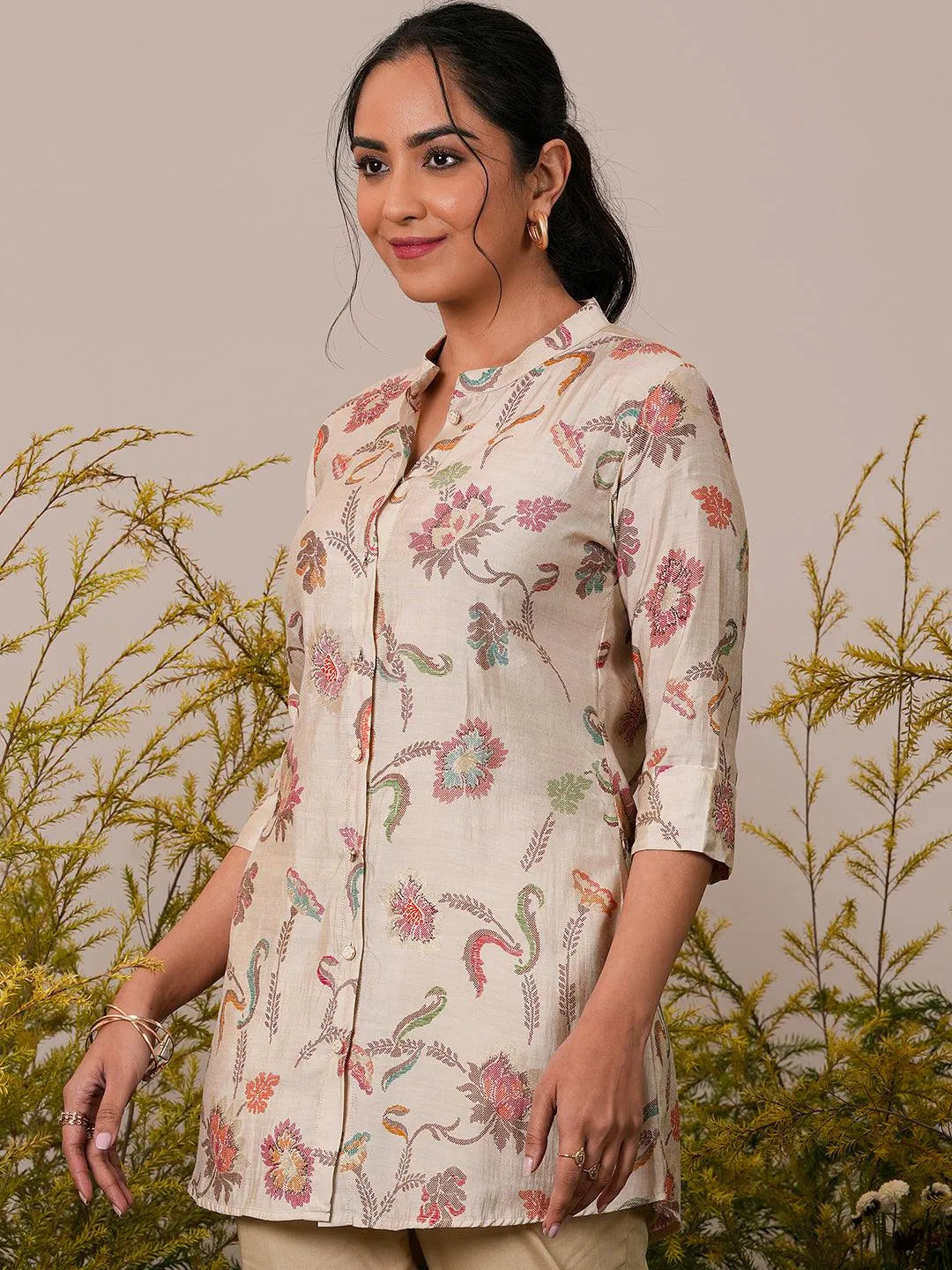 Beige Printed Silk Blend A-Line Kurti