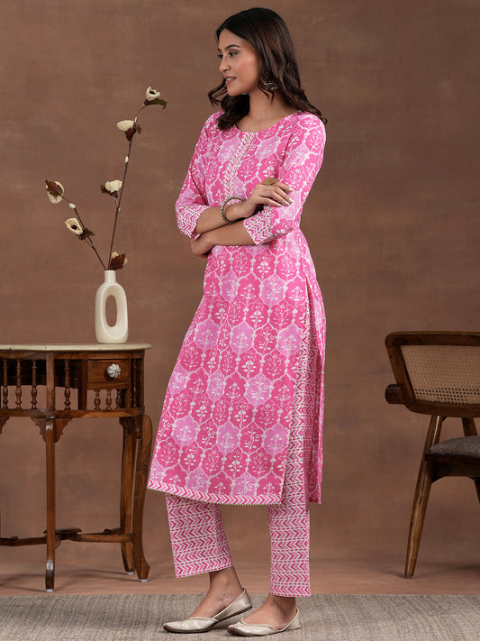 Pink Printed Cotton Straight Suit With Dupatta