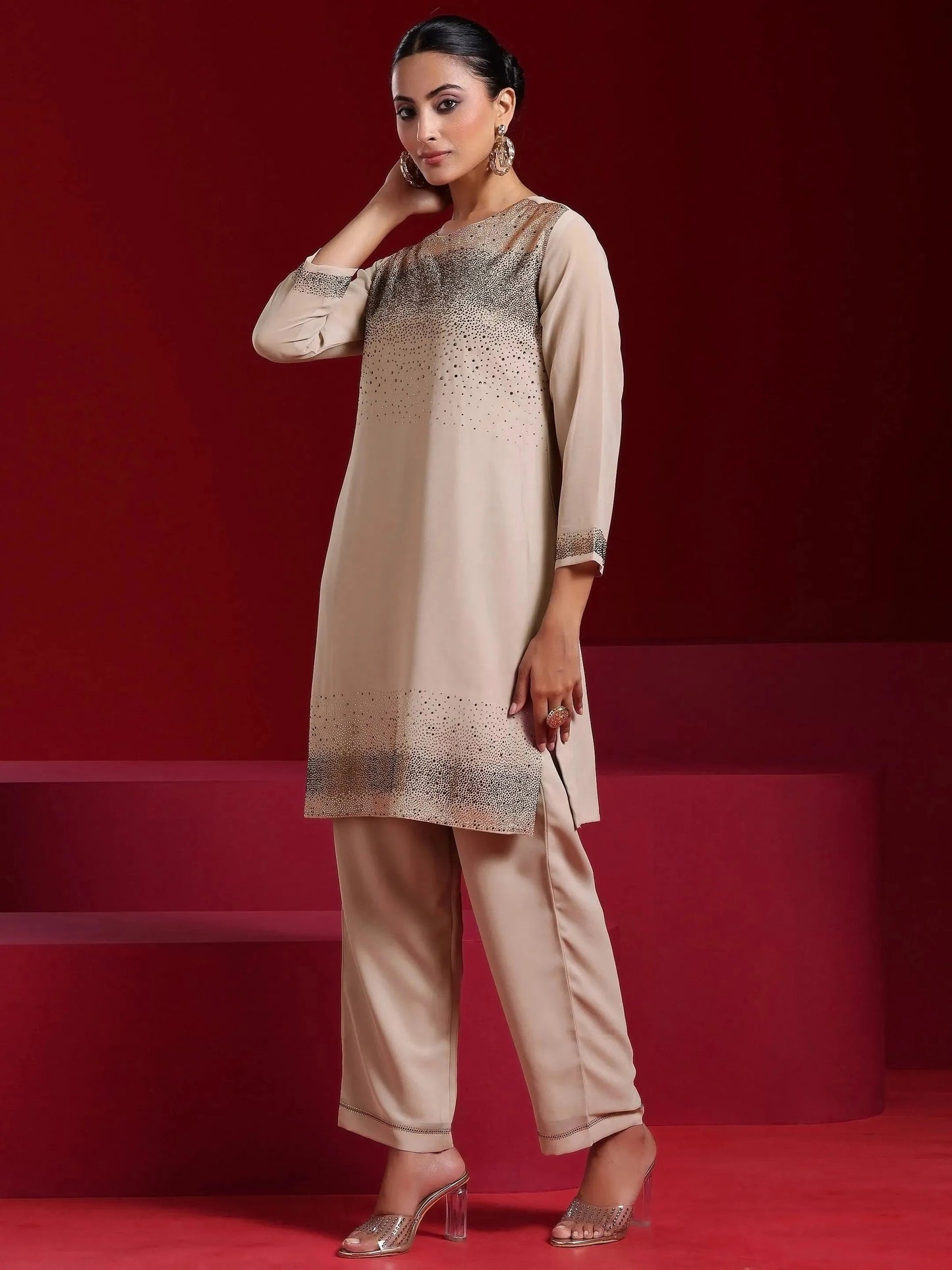 Libas Art Taupe Solid Georgette Straight Suit With Dupatta