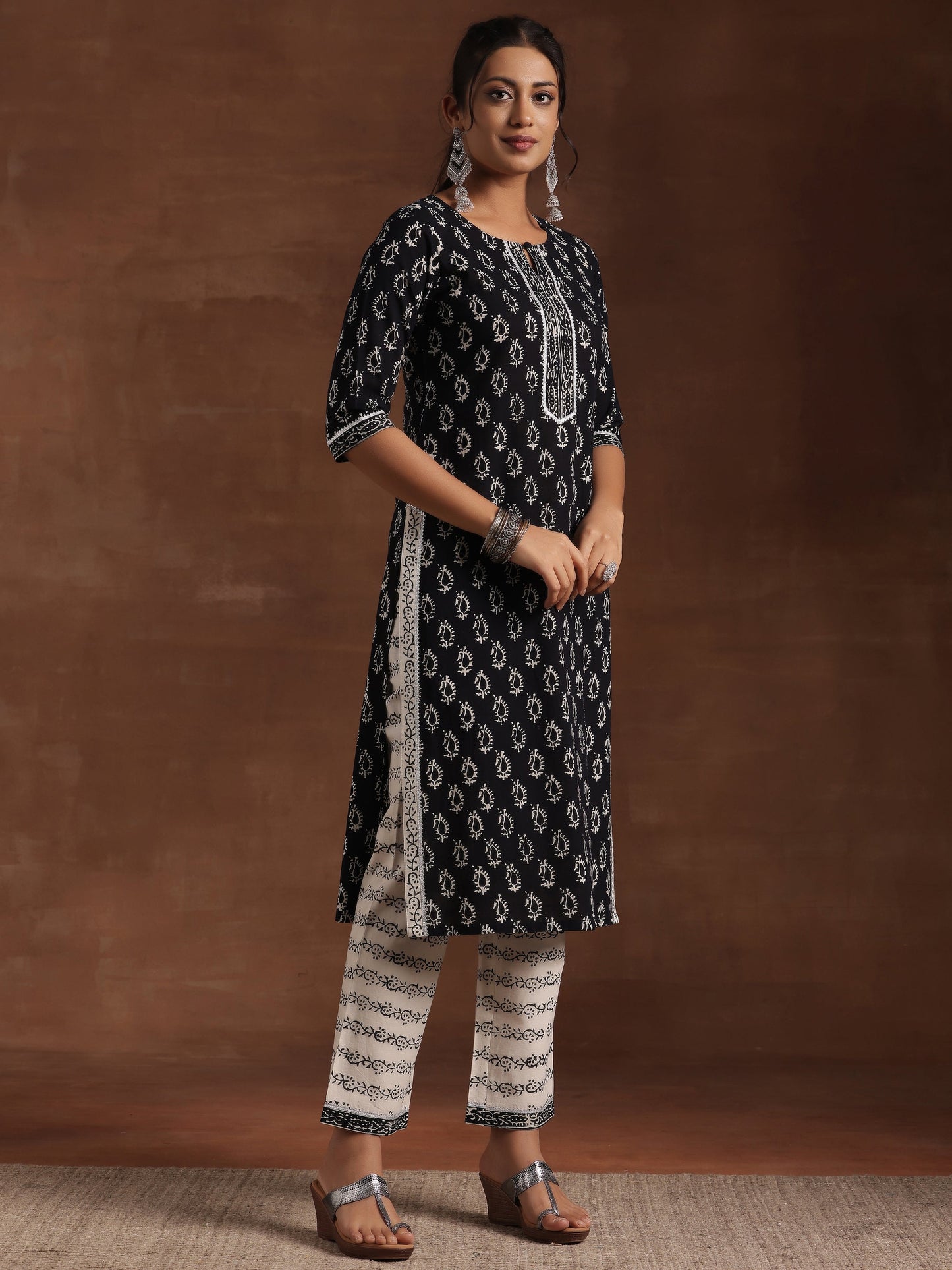 Black Printed Cotton Straight Suit With Dupatta
