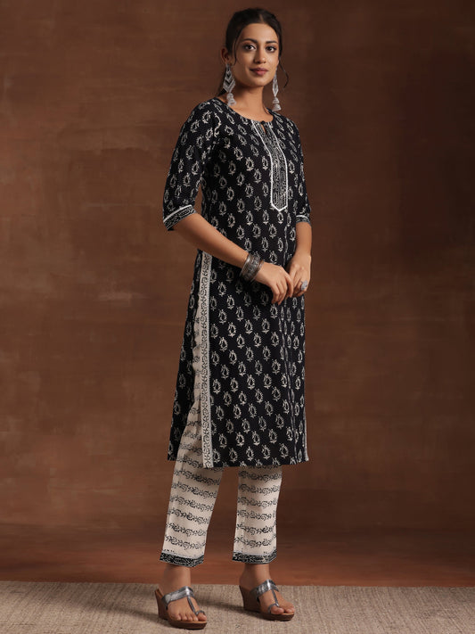Black Printed Cotton Straight Suit With Dupatta