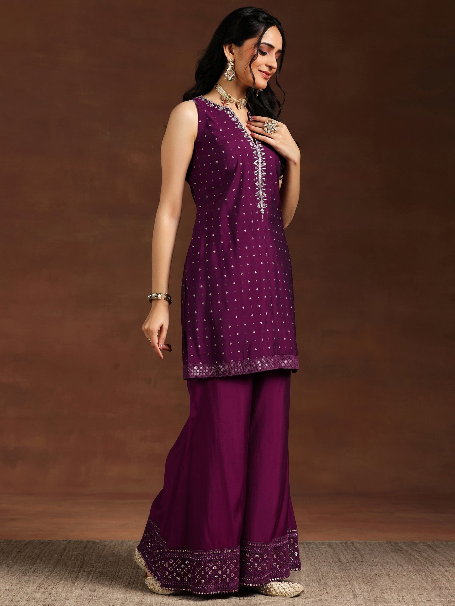 Wine Embroidered Silk Blend Straight Suit With Dupatta