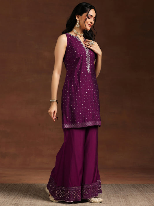 Wine Embroidered Silk Blend Straight Suit With Dupatta