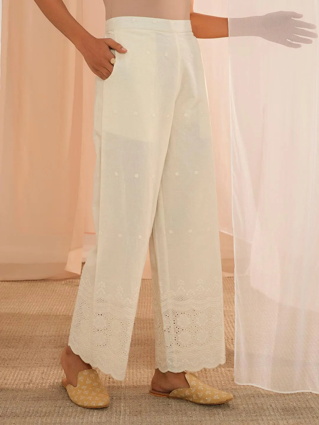 Off White Embroidered Cotton Wide Leg Palazzos