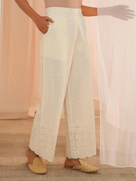 Off White Embroidered Cotton Wide Leg Palazzos