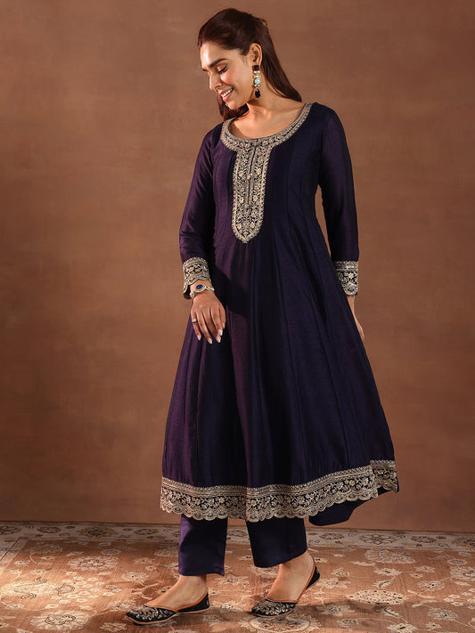 Purple Embroidered Silk Blend Anarkali Suit With Dupatta