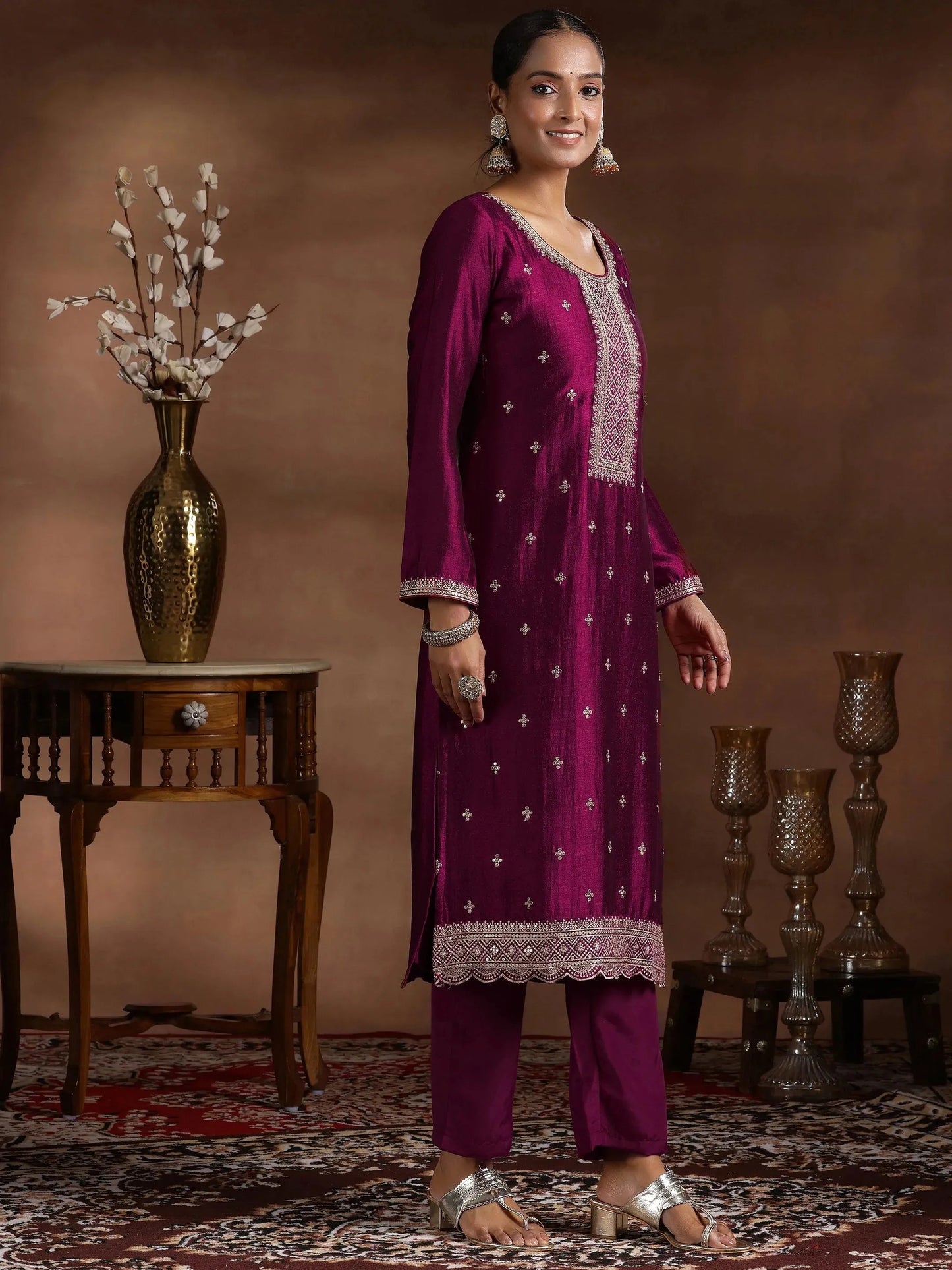 Wine Embroidered Silk Blend Straight Suit With Dupatta