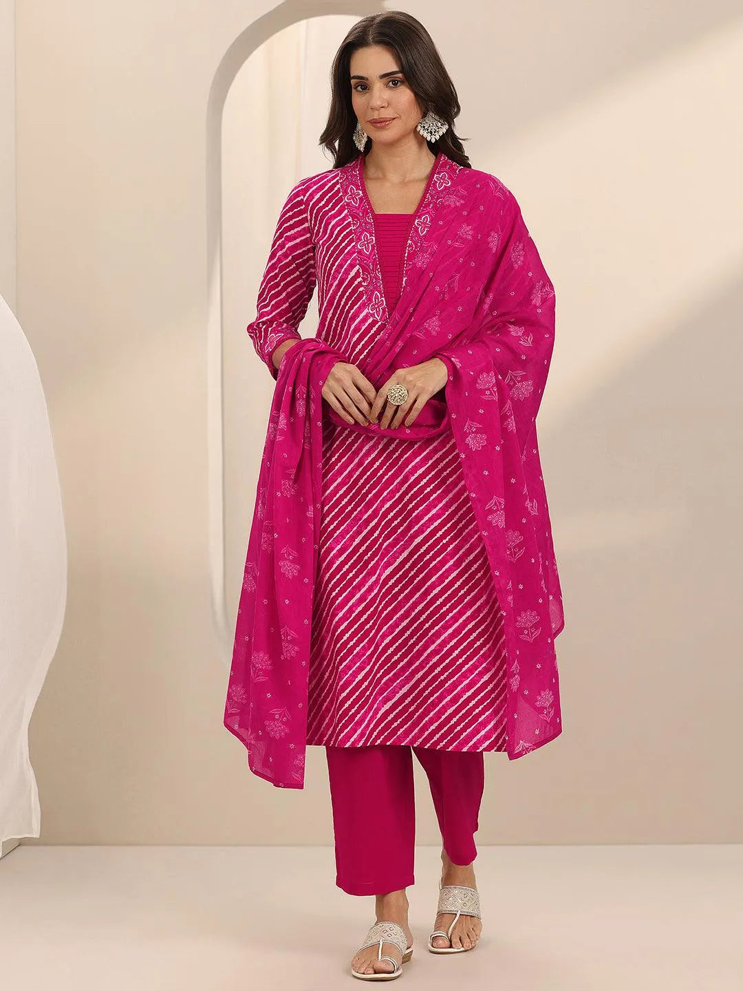 Pink Printed Cotton Straight Suit Set With Dupatta