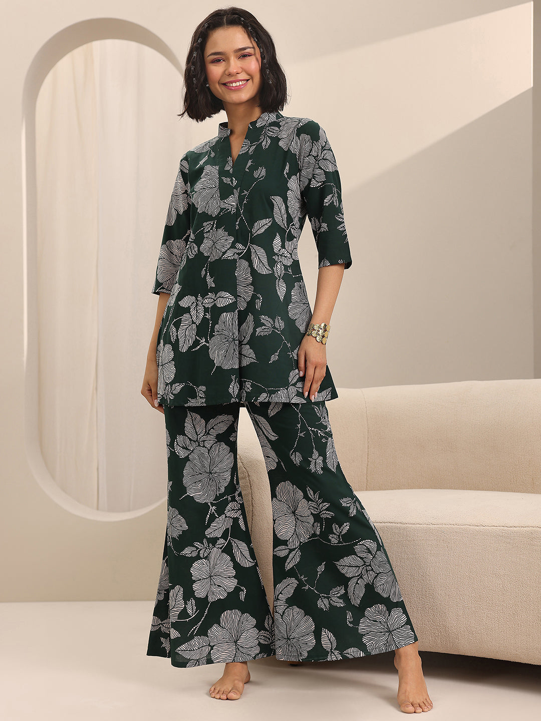 Green Printed Cotton Night Suits