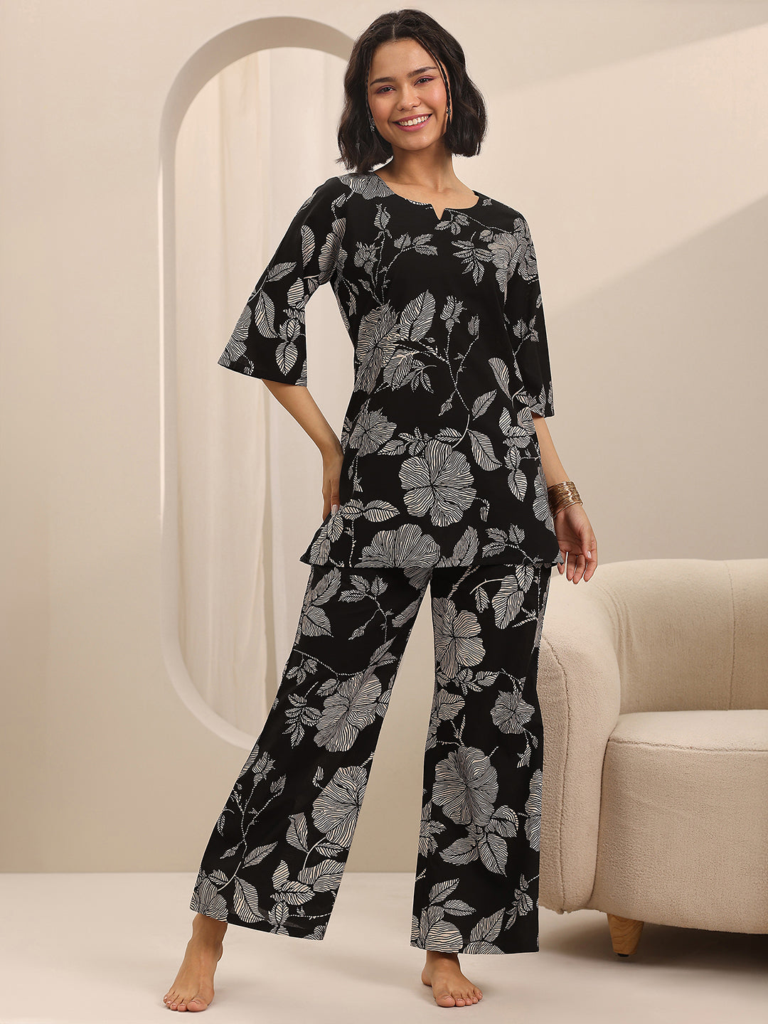 Black Printed Cotton Night Suits
