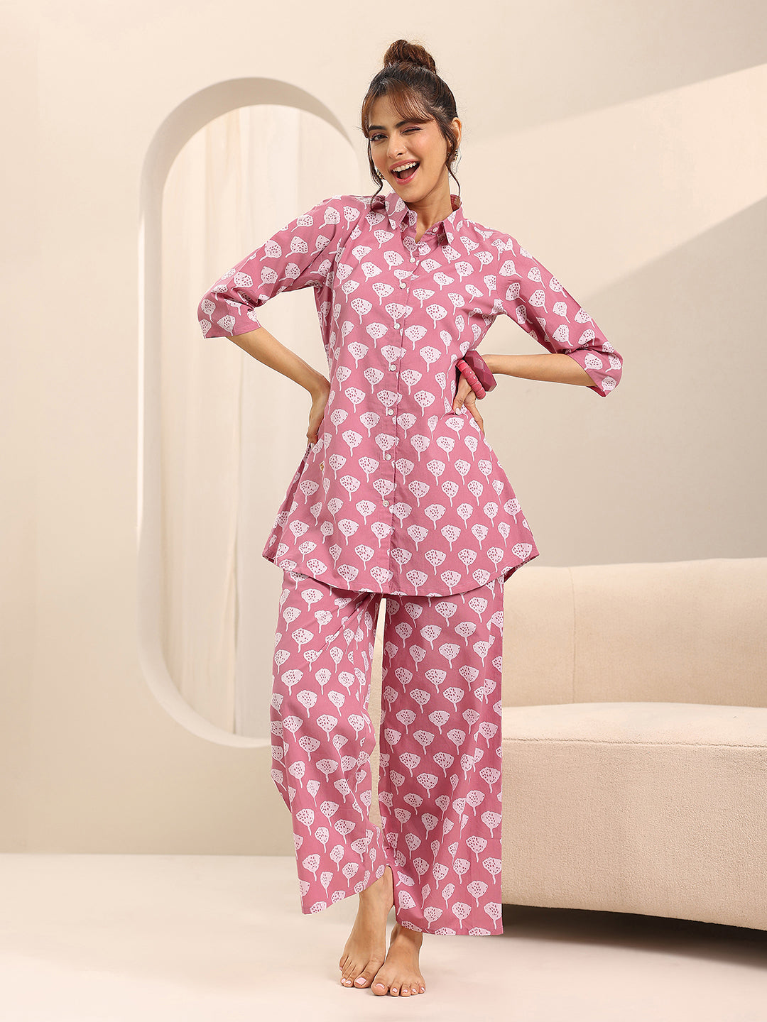 Pink Printed Cotton Night Suits