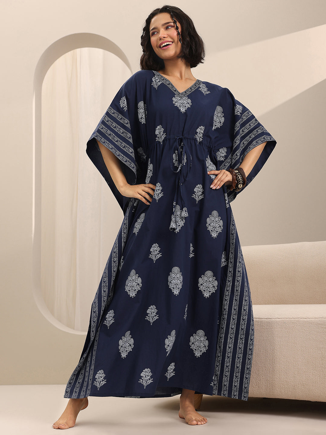 Blue Printed Cotton Kaftan Night Dress