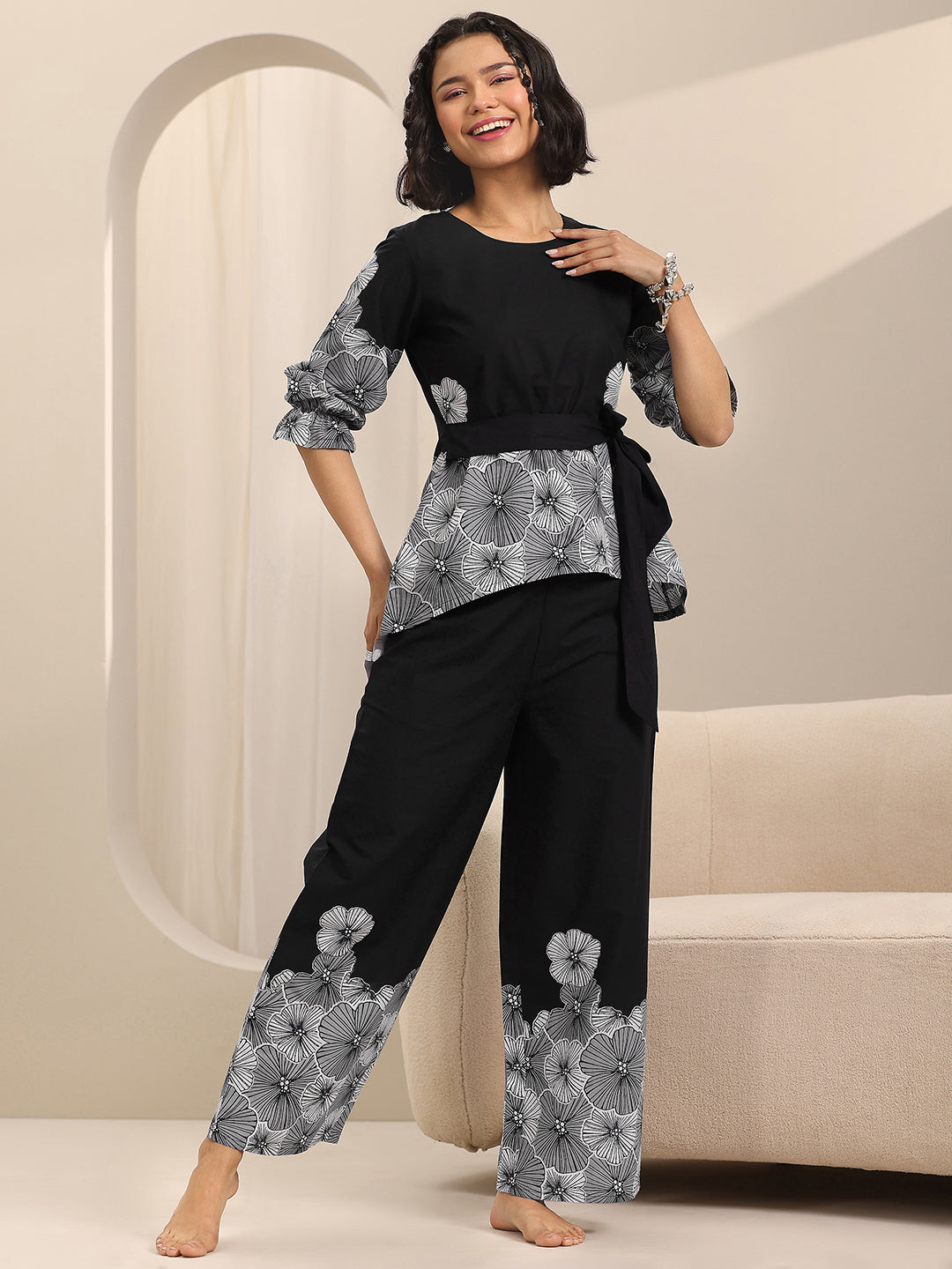 Black Printed Cotton Night Suits