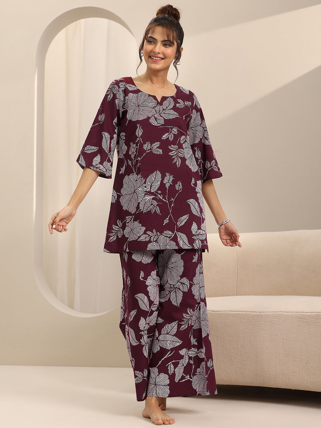 Burgundy Printed Cotton Night Suits
